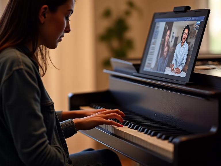 Muzyk przy fortepianie podczas lekcji online blipnex